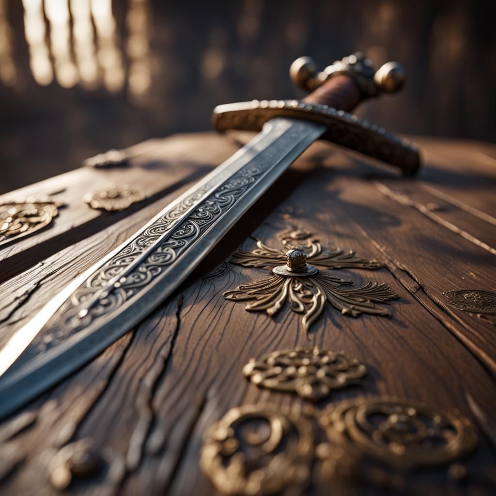 Ornate Medieval Sword on Distressed Wood