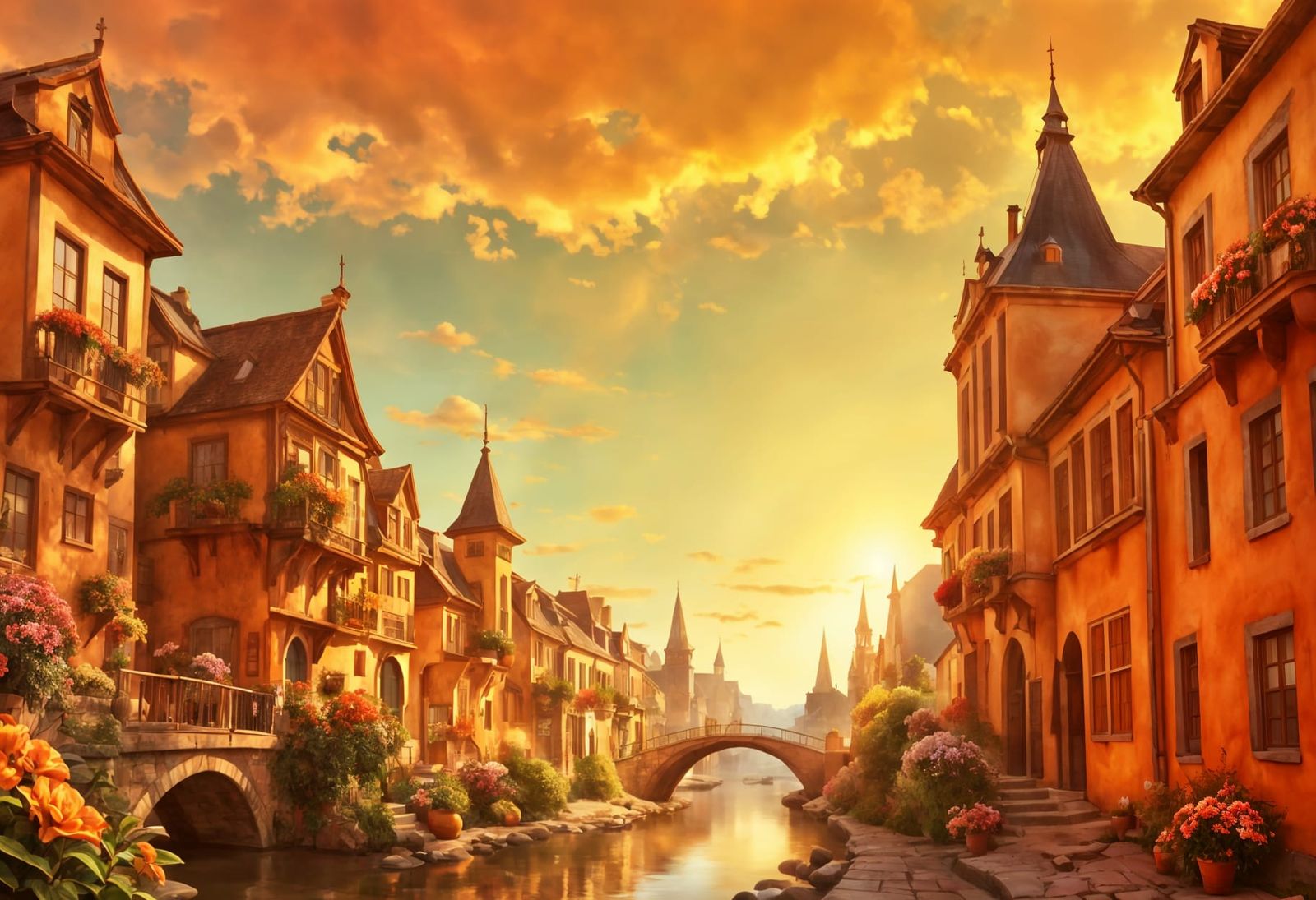 Flowery Town Morning with Brown Bridge and Colorful Houses