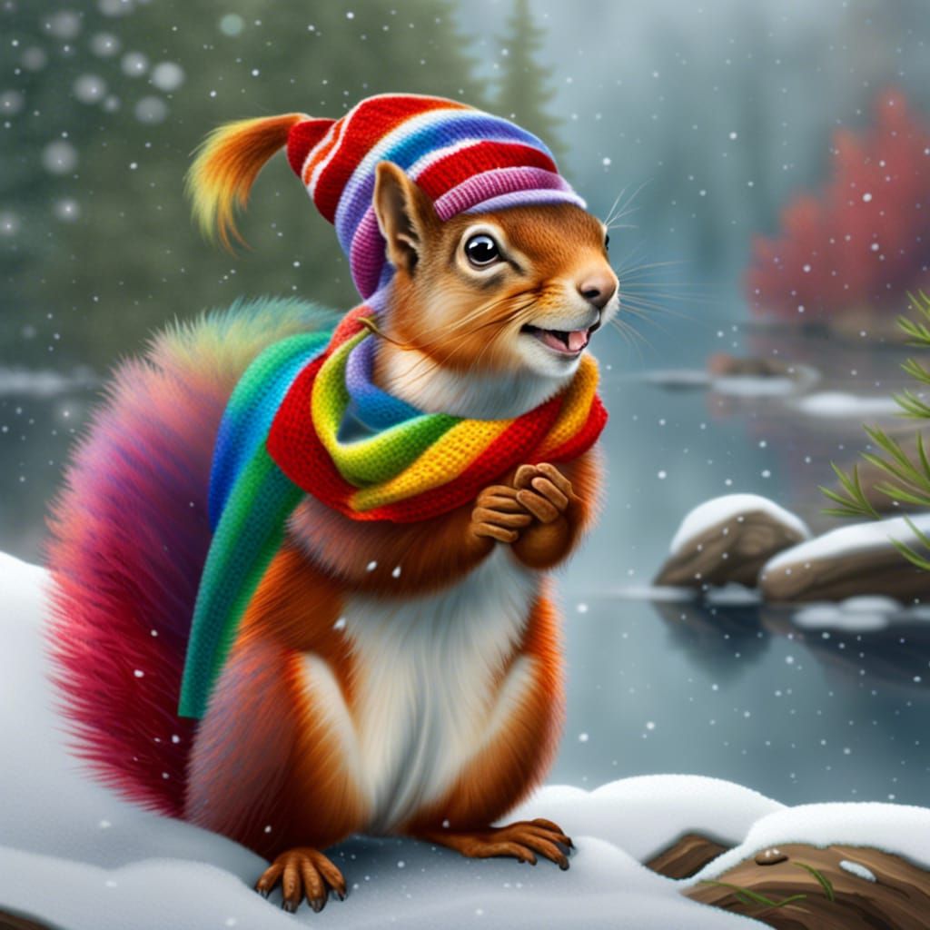 Squirrel Watches First Snowfall in Mountain Landscape