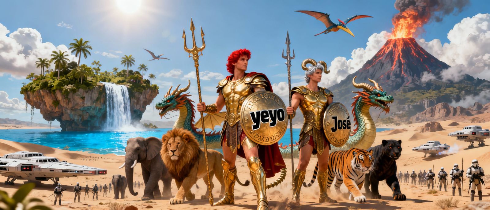 Fantasy Floating Island with Dinosaurs and Warriors