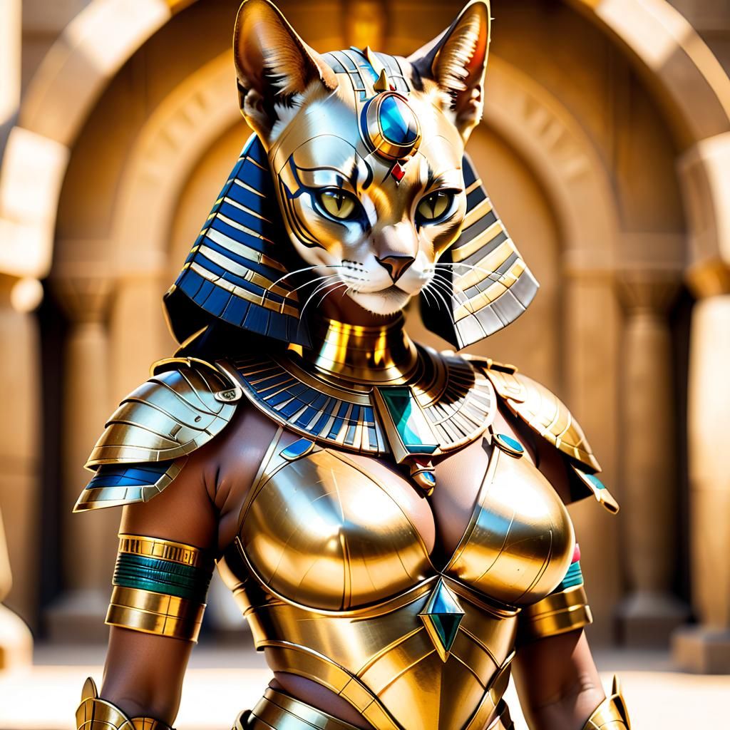 Bastet in gold Egyptian armor
