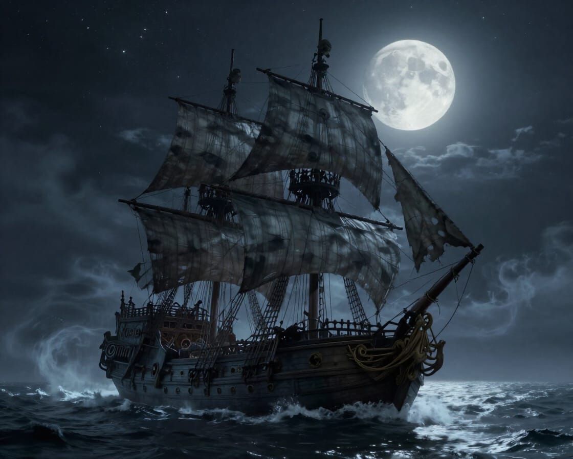 Spectral Pirate Ship Haunts Moonlit Ocean in Dark Fantasy