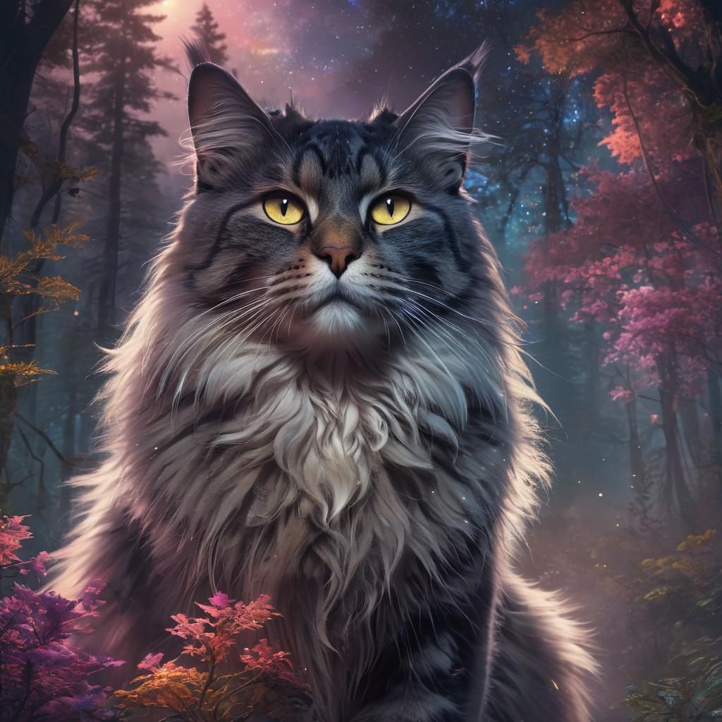 Ethereal Cat in Mystical Forest: Fantasy Concept Art