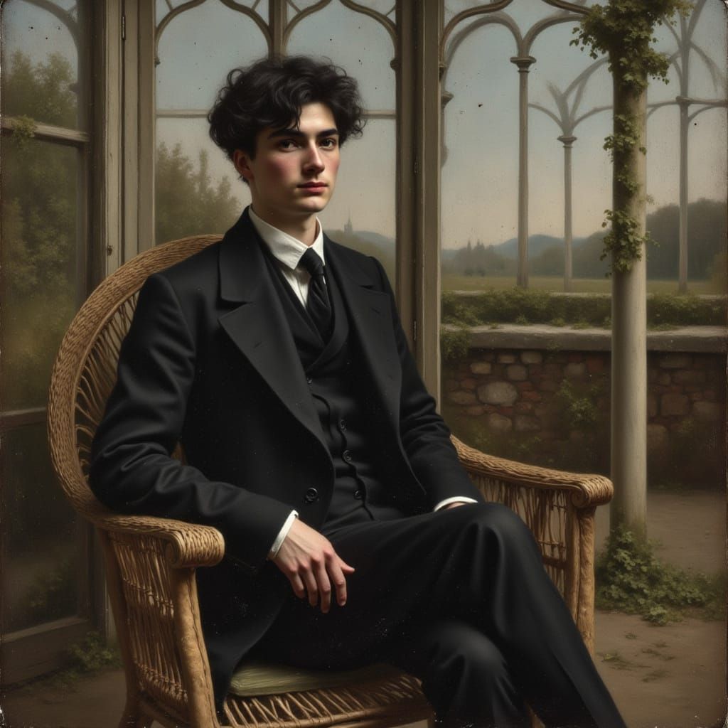 Elegant 1890s Man in Conservatory, Expressive Portrait