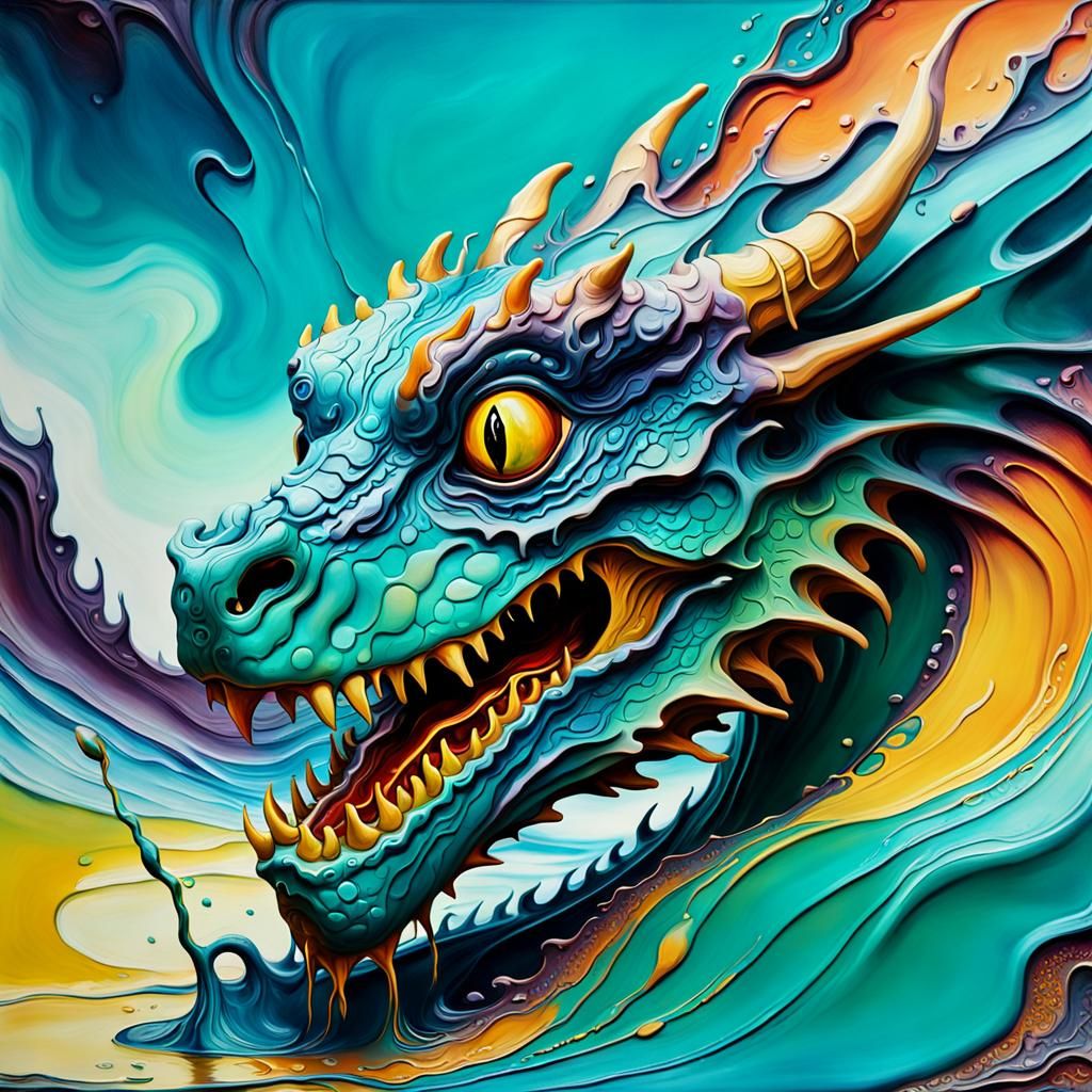 Surreal Dragon in Melting Dreamscape, Oil Painting