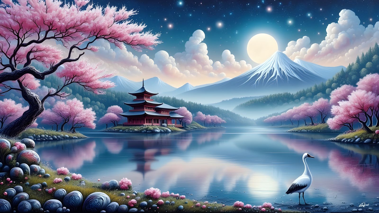 Majestic Crane Surrounded by Japanese Cherry Blossoms