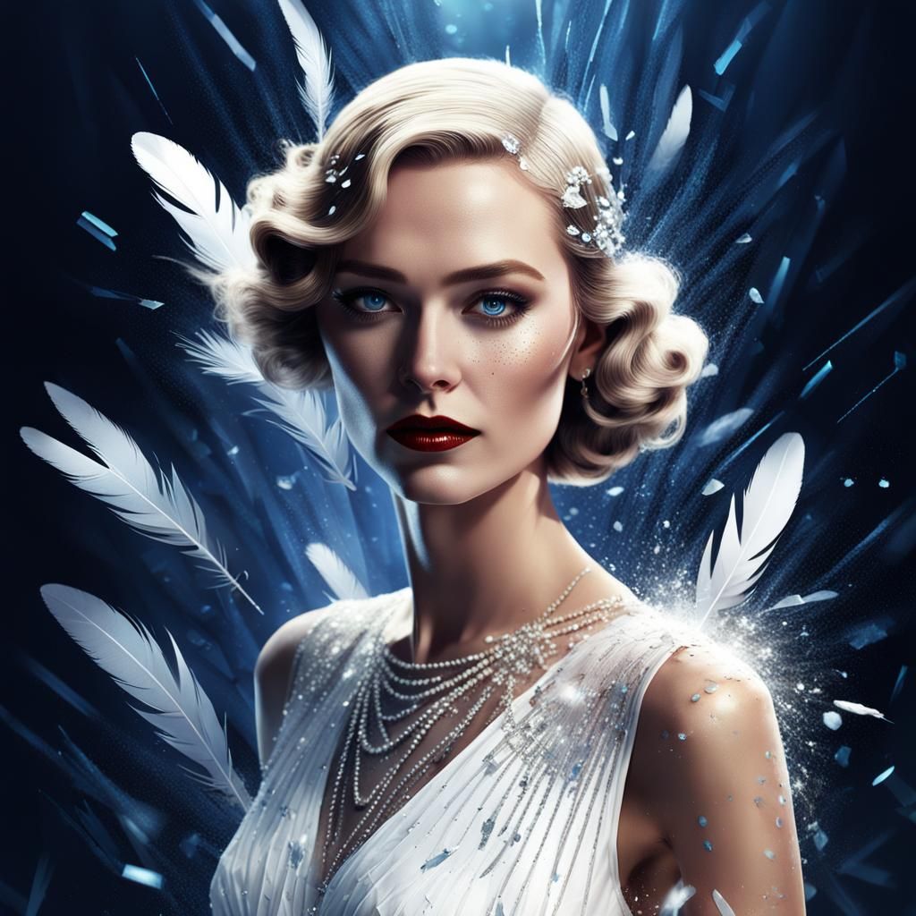 Elegant Woman in Blue Room with Art Deco Flair