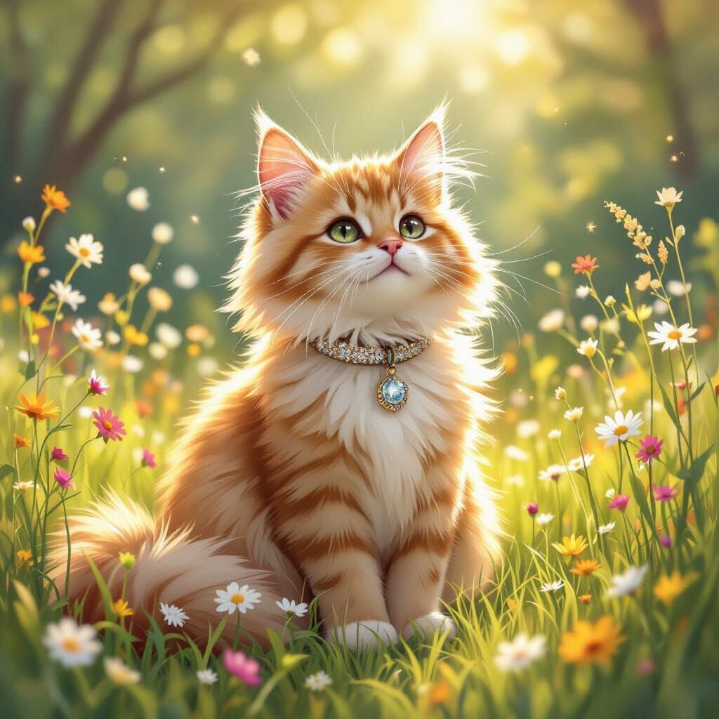 Whimsical Golden Cat in Sunlit Meadow, Digital Art