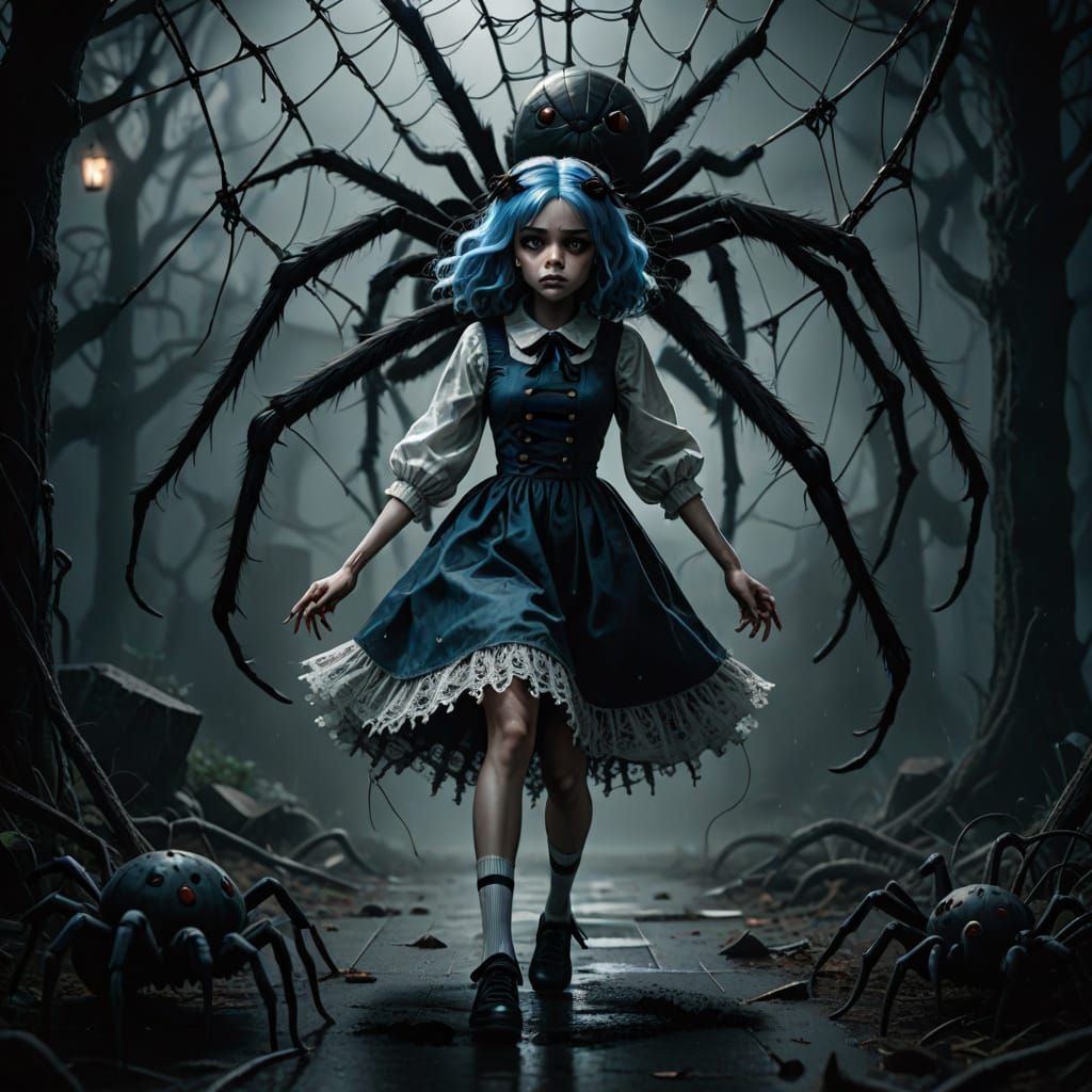 Girl Trapped in Spider's Web in Dark Fantasy Scene