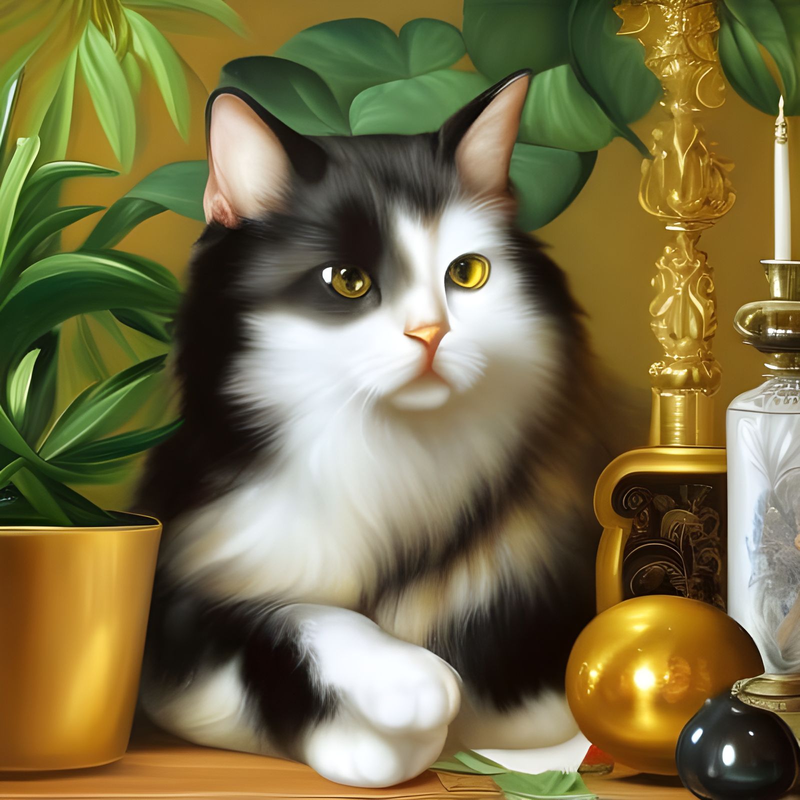 Anxious Cat in Baroque Still Life Oil Painting
