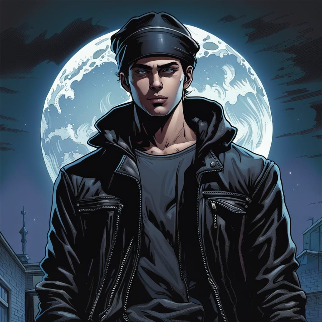 Gothic Young Man Under Full Moon, Comic Book Art