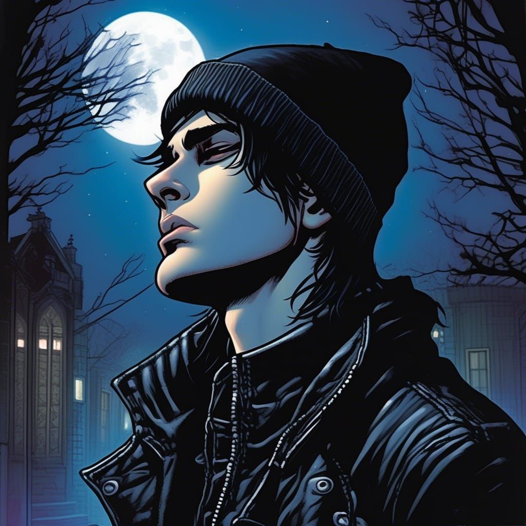 Gothic Young Man Under Full Moon in Comic Book Art