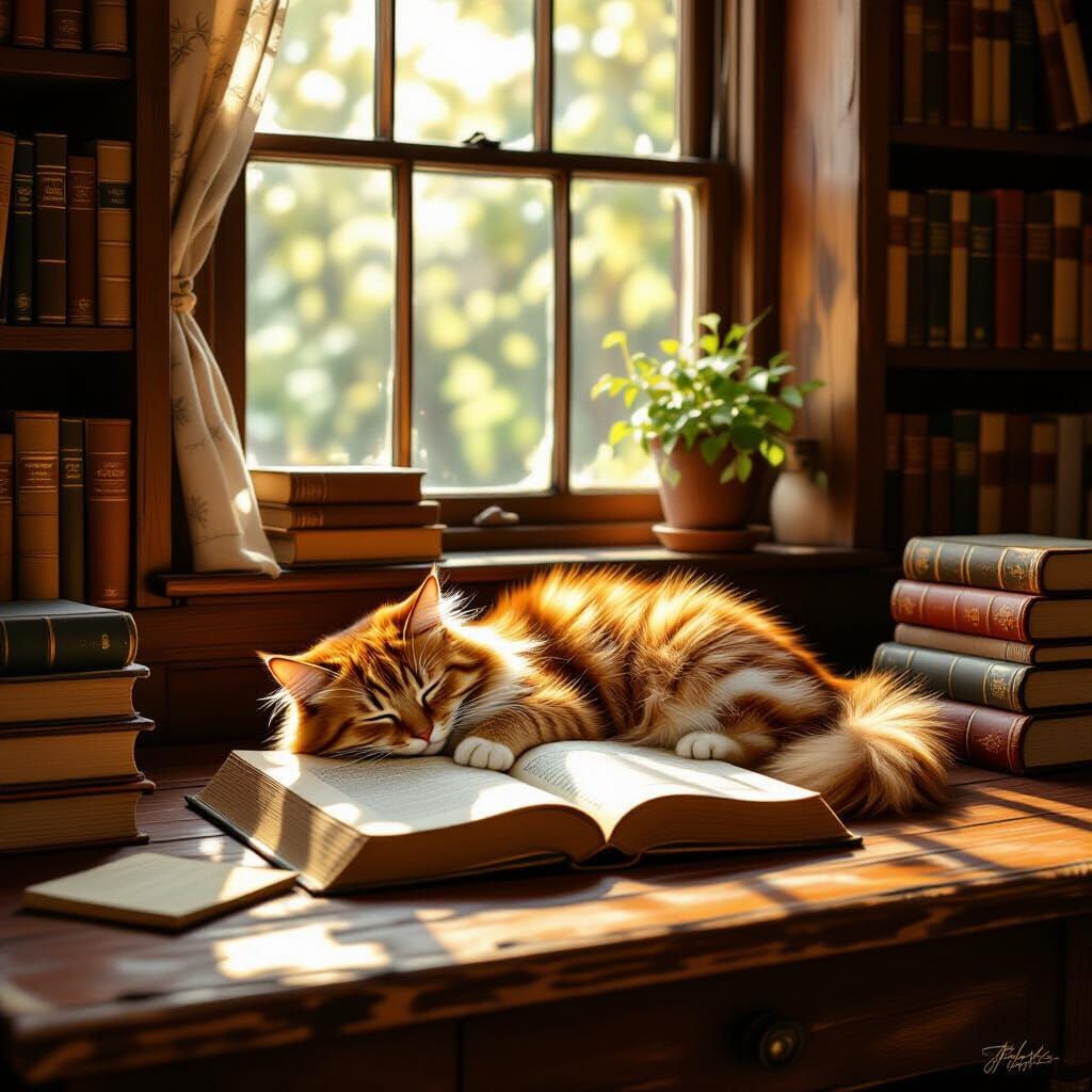 Cozy Reading Nook with Napping Cat