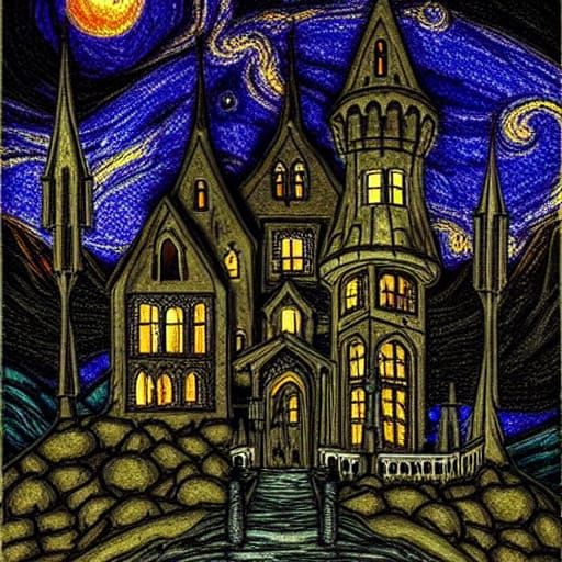 Gothic Halloween Castle in Starry Night Style