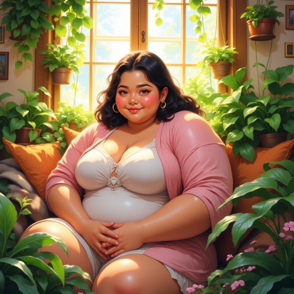 Cozy Home with Lush Greenery and Soft Lighting