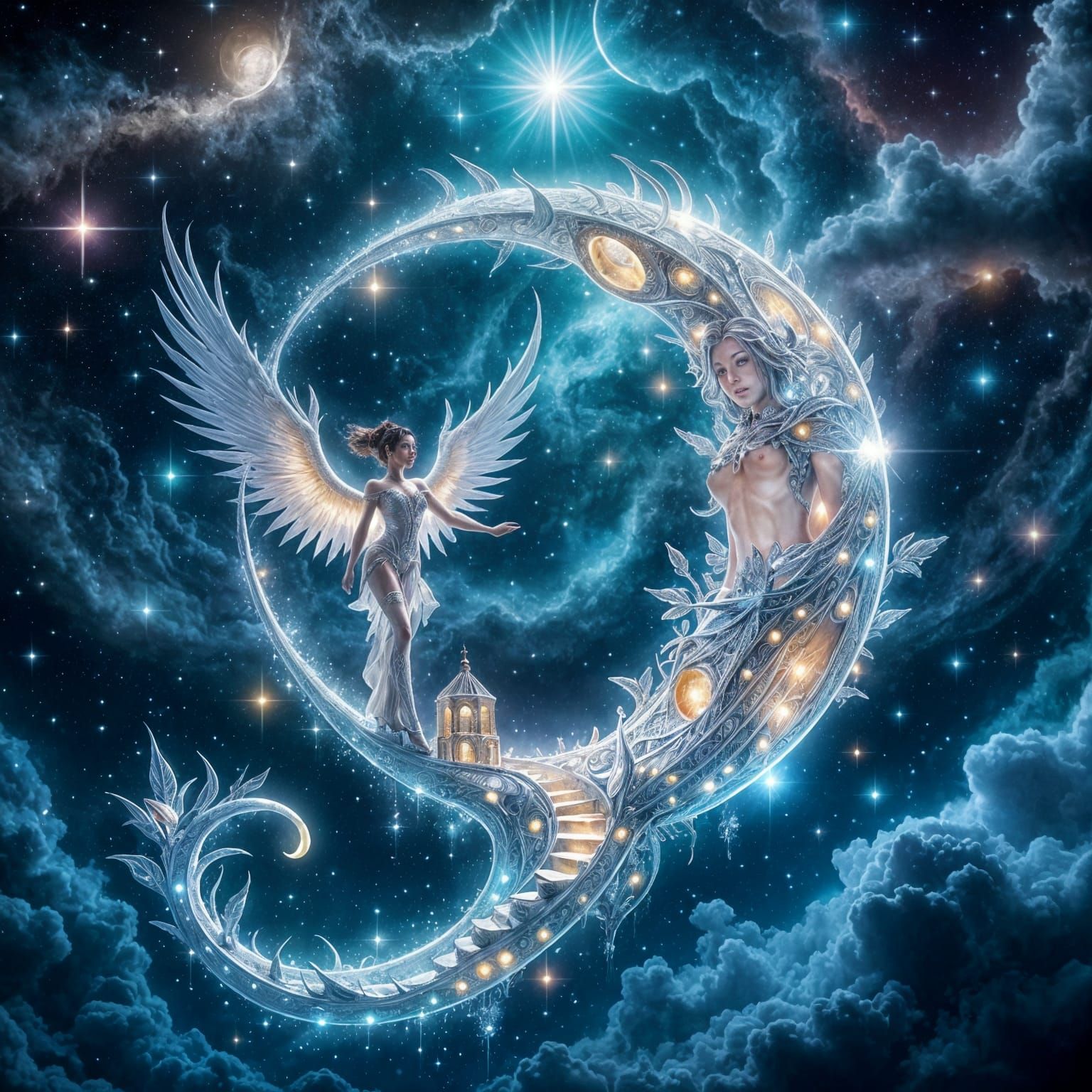 Majestic Star Angel on Luminous Crescent Moon Sanctuary