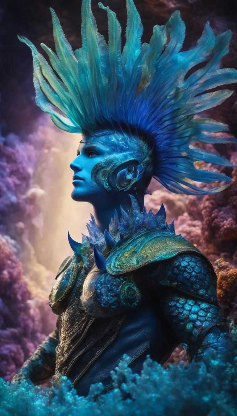 Aquapunk Merman Warrior in Bioluminescent Reef