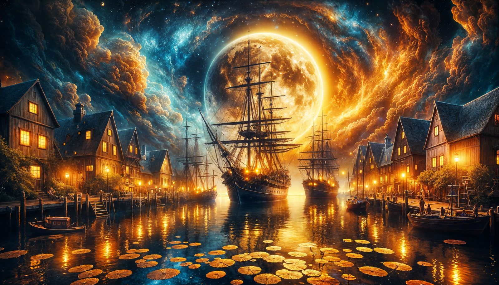 Fantasy Harbor Scene under a Mesmerizing Night Sky