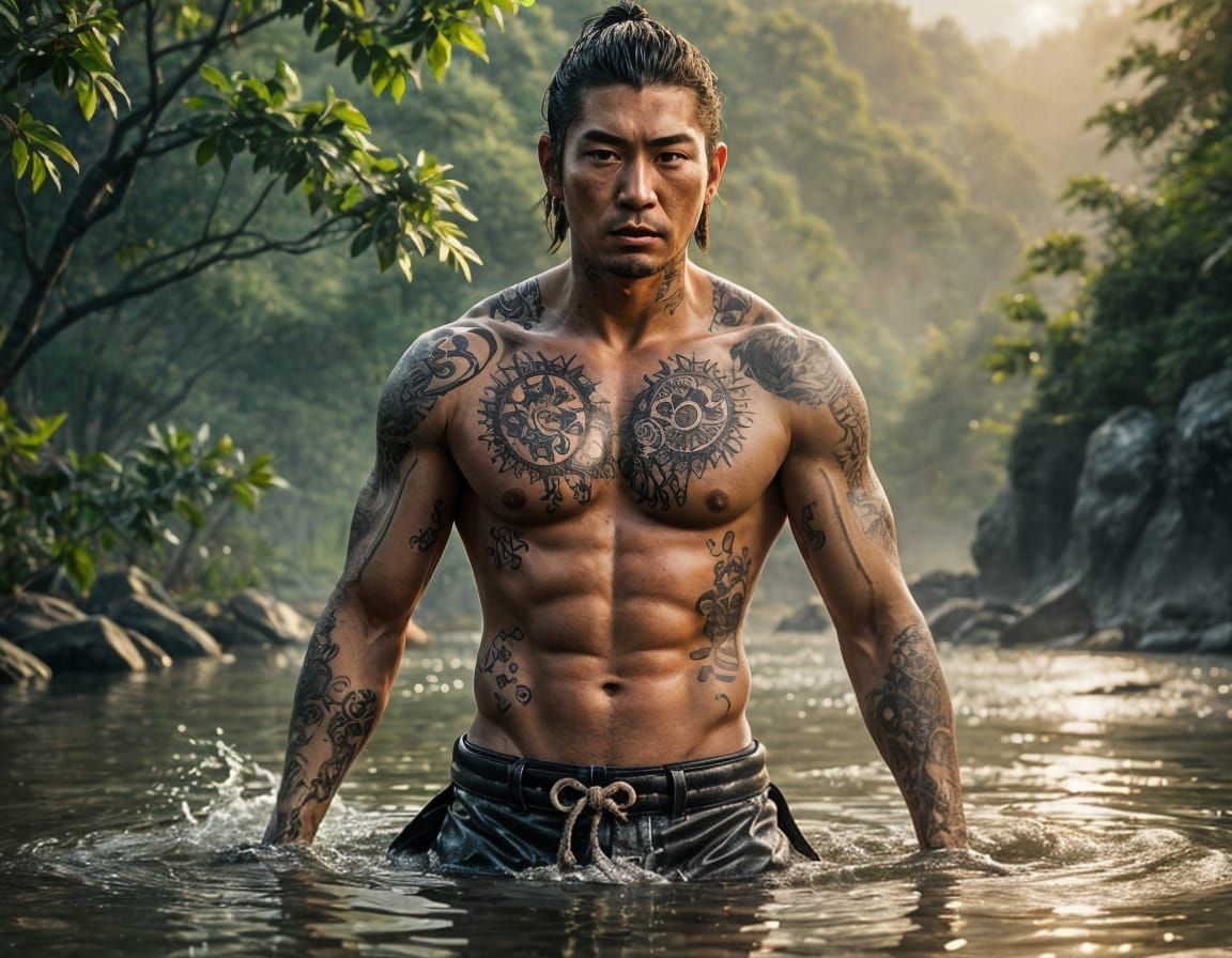 Tattooed Yakuza Warrior in River