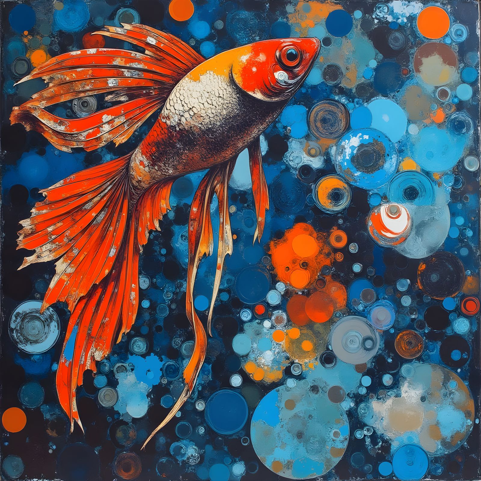 Vibrant Beta Fish in Swirling Water Lilies