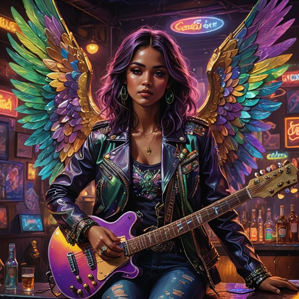 Winged Woman in Honky Tonk Bar, Fantasy Art