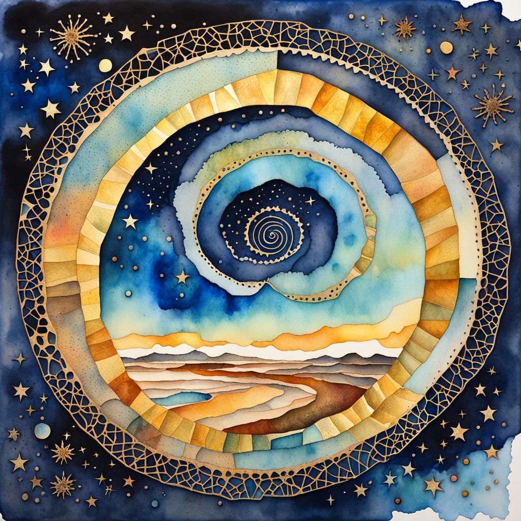 Spiral Jetty Land Art in Watercolor Dreamscape