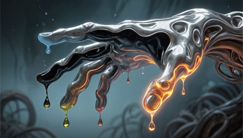 Surreal Hand of Mixed Liquids: Silver, Ink, Plasma