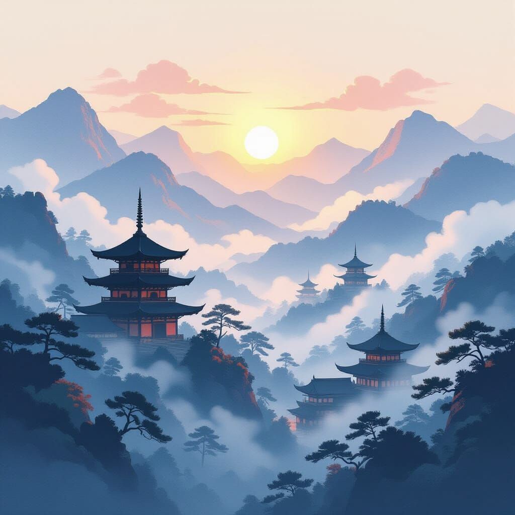 Tranquil Japanese Temples at Sunrise in Mist