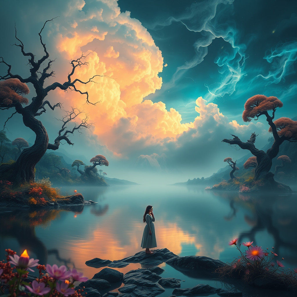 Tranquil Woman in Surreal Landscape After Storm