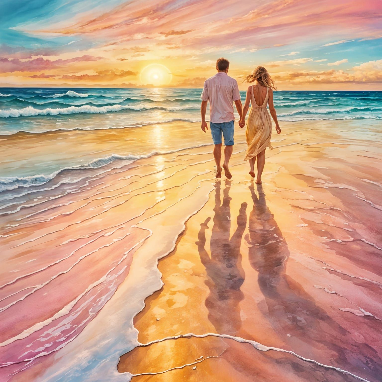 Romantic Sunset Beach Walk in Alcohol Ink Style