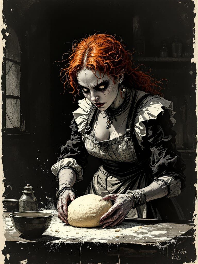 Redhead Baker in Gothic Atmosphere, Gerald Scarfe Style