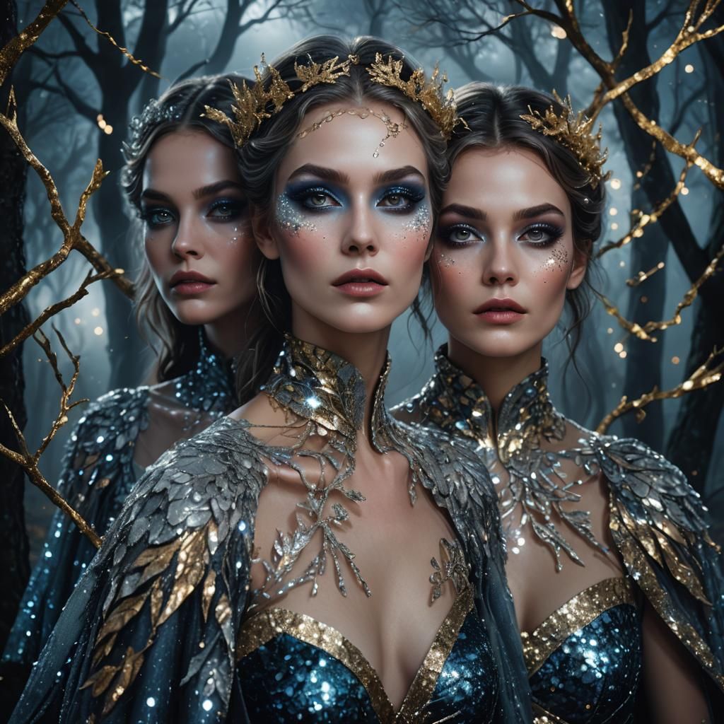 Mysterious Women in Moonlit Forest: Hyper-Realistic Portrait