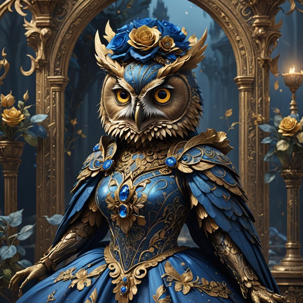 Owl in Blue and Gold Ballgown with Rose