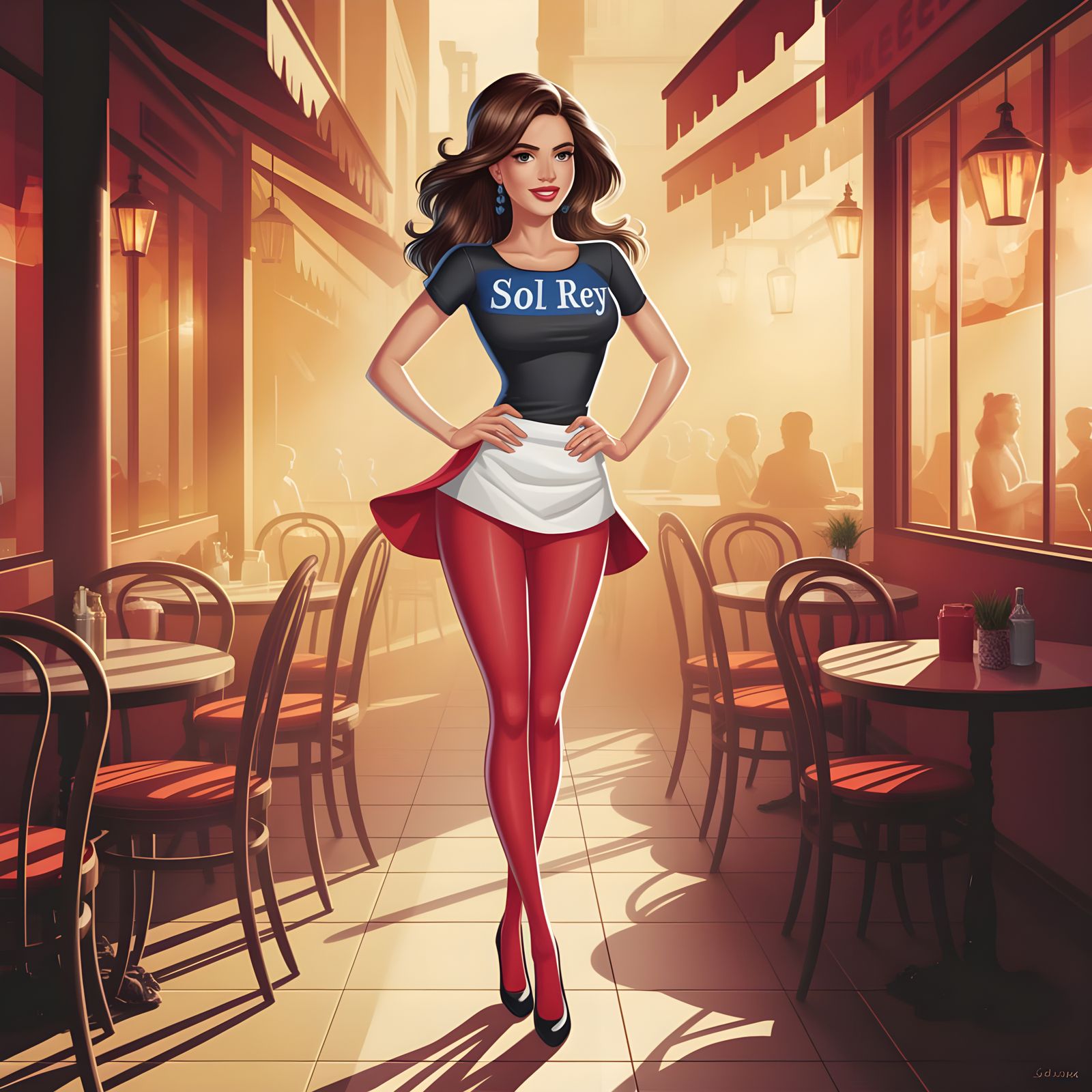 Vibrant Café Waitress in Bold Colors