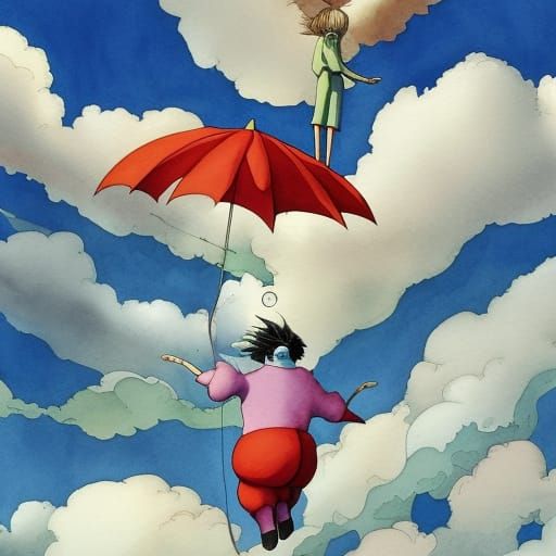 Surreal Flying Man in Watercolor Ghibli Style