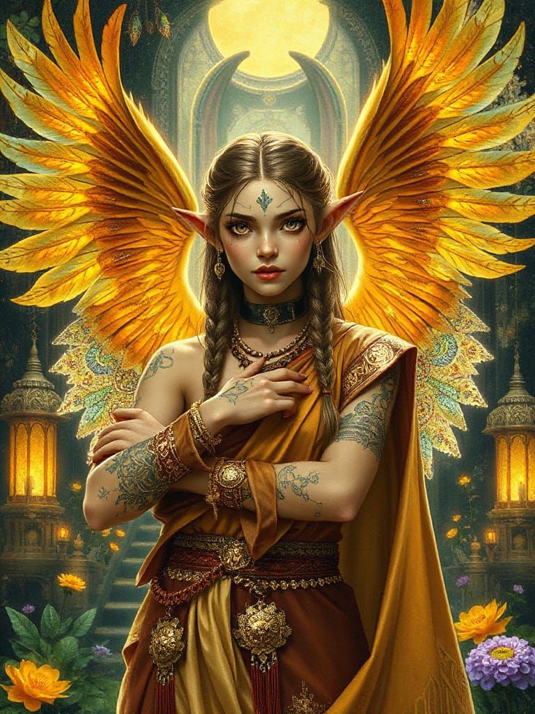 Fantasy Angel with Bioluminescent Wings in Pointillism Style