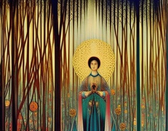 Sunset Woman in Glass Forest: Oil on Ceramic