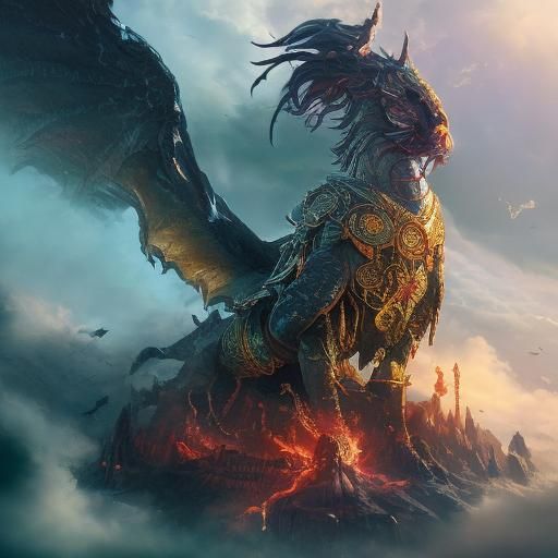 Majestic Warrior in Ornate Armor Overlooking Misty Realm