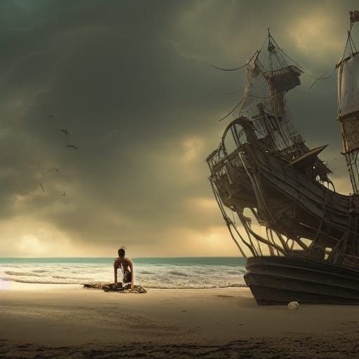 Abandoned Beach with Ghost and Pirate Ship