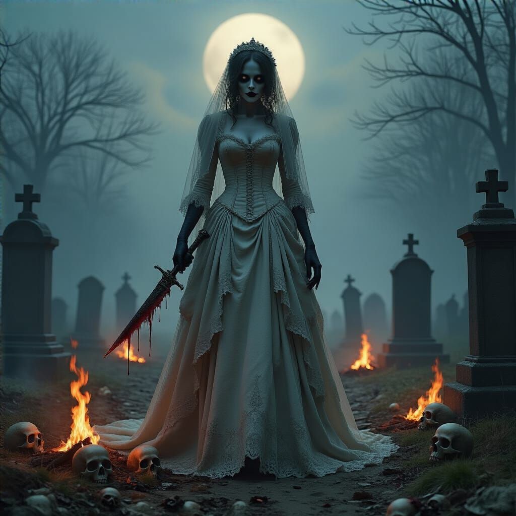 Undead Bride in Cemetery with Victorian Gown