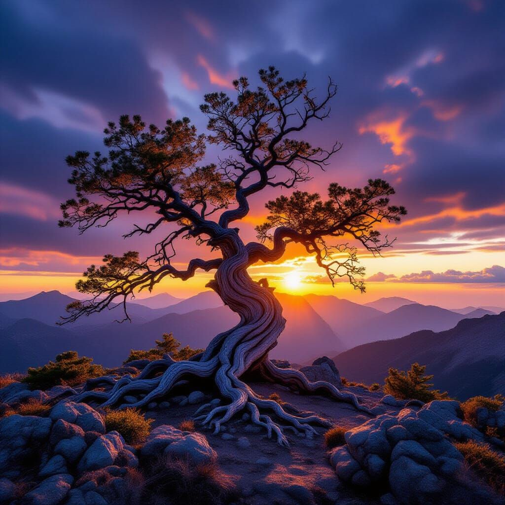Ancient Tree on Mountain Peak at Sunset After Storm
