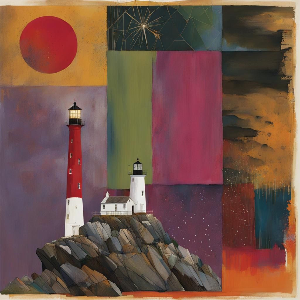 Lighthouse in Storm: Mixed Media Coastal Art
