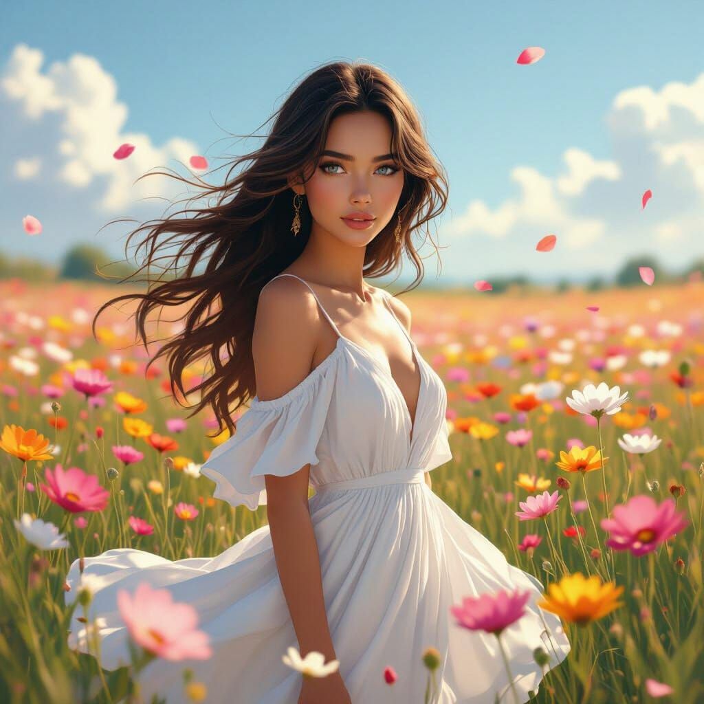 Woman in Flower Field: Whimsical Dreamscape