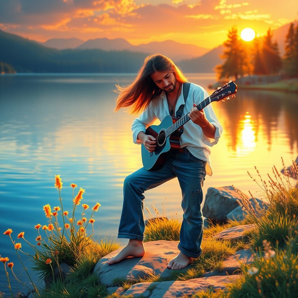 Peaceful Hippie Serenade by a Sunset Lake