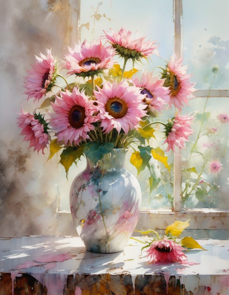 Marble Vase of Pink Sunflowers in Detailed Watercolor