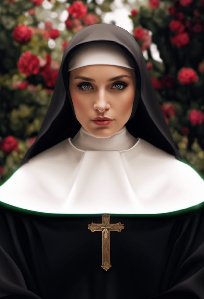 Nun Portrait with Stained Glass in Art Nouveau Style