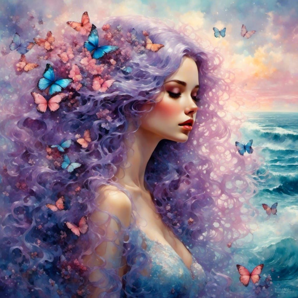 Mermaid Portrait with Butterflies on Ocean Beach