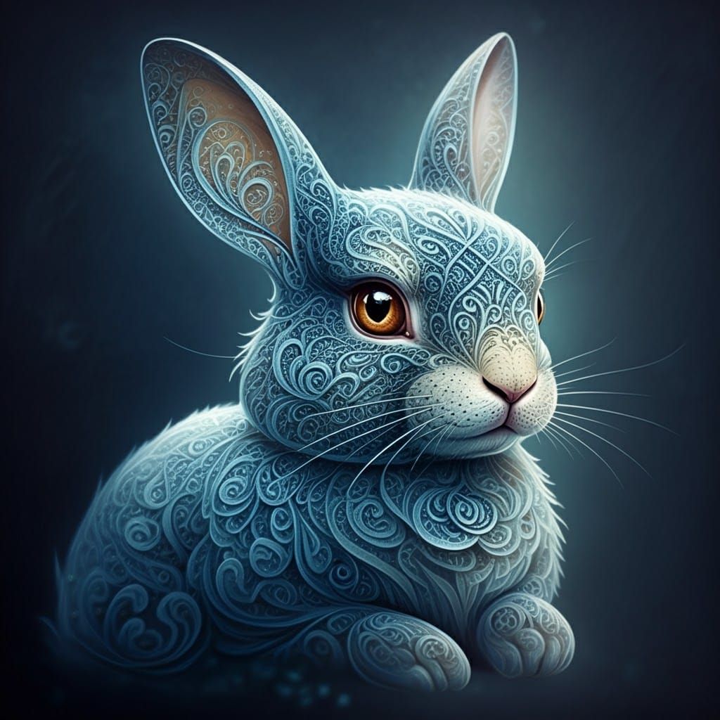 Whimsical Blue Rabbit in Filigree Lace Style