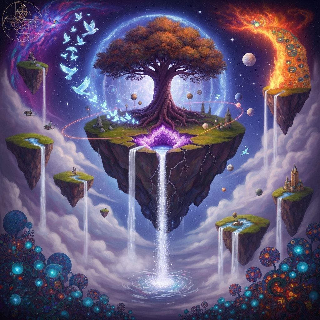 Ethereal Woman Amidst Cosmic Energy and Floating Islands