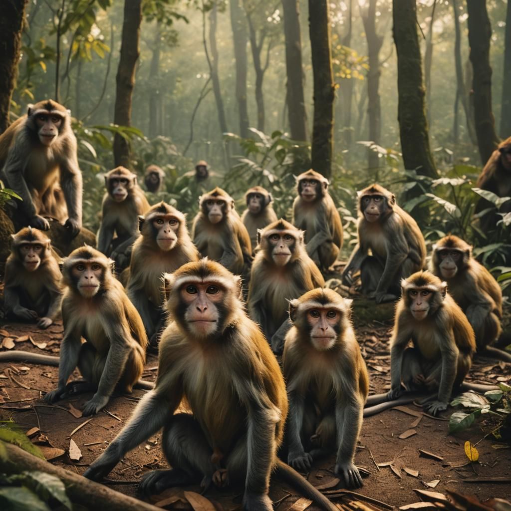 Monkeys Smiling in Forest: Cinematic Film Still